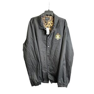 Forever 21 Mens XL Black Gold Invincible Leopard Lined Coach Jacket